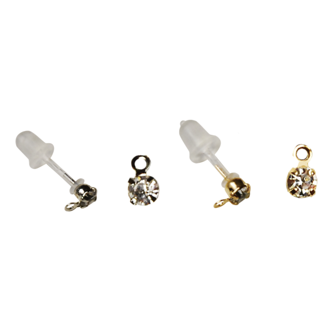 T-Post Resin Earrings with Rhinestone (with Silicone Catch) 3mm × 10mm Ø0.7mm