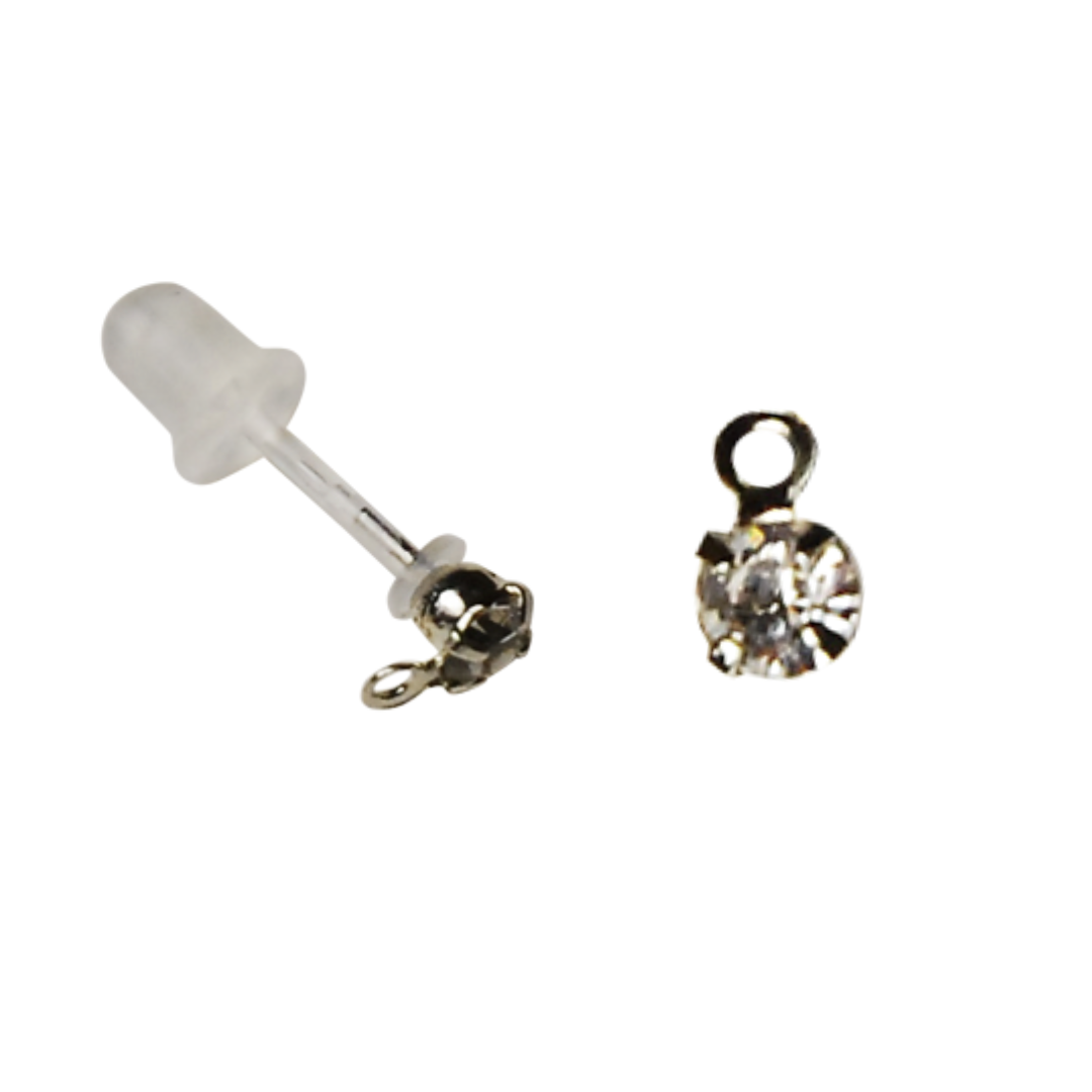 T-Post Resin Earrings with Rhinestone (with Silicone Catch) 3mm × 10mm Ø0.7mm